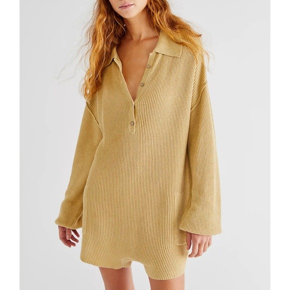 NEW Free People Beach Linen Picnic Sweater Romper Long Sleeve Shorts Tan Small - Picture 1 of 11